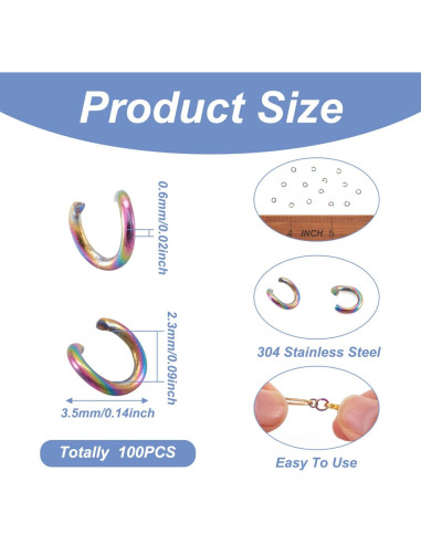 KISSITTY 100 Anillas de Salto Abiertas Arcoíris 3.5mm Acero Inoxidable