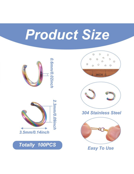KISSITTY 100 Anillas de Salto Abiertas Arcoíris 3.5mm Acero Inoxidable
