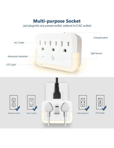 Adaptador de Enchufe con Luz Nocturna HGEU - 3 Salidas, Blanco 2