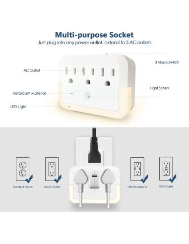 Adaptador de Enchufe con Luz Nocturna HGEU - 3 Salidas, Blanco