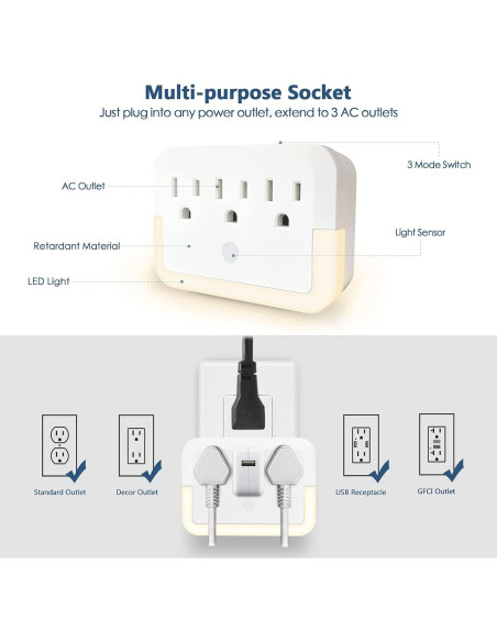 Adaptador de Enchufe con Luz Nocturna HGEU - 3 Salidas, Blanco