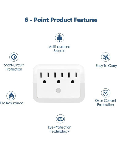 Adaptador de Enchufe con Luz Nocturna HGEU - 3 Salidas, Blanco