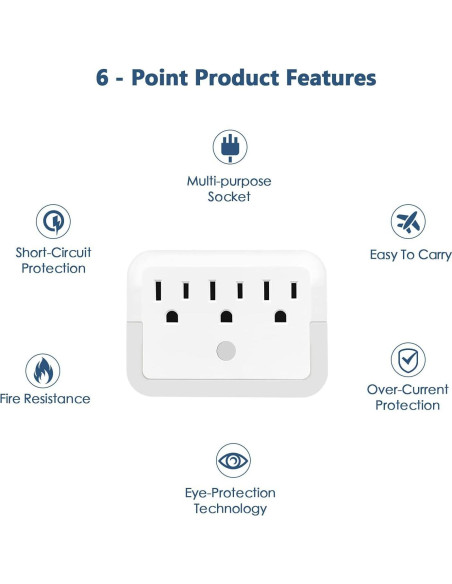 Adaptador de Enchufe con Luz Nocturna HGEU - 3 Salidas, Blanco