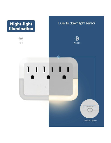 Adaptador de Enchufe con Luz Nocturna HGEU - 3 Salidas, Blanco