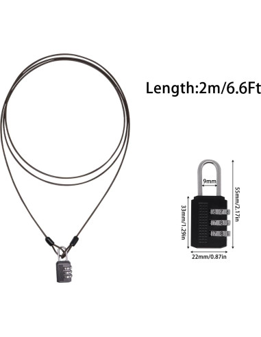 3 Cables de Seguridad 2.0m con Candado ZHMEINA Negro