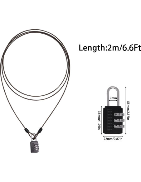 3 Cables de Seguridad 2.0m con Candado ZHMEINA Negro