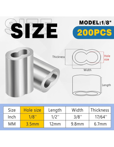 200 Piezas Manguitos de Aluminio Crimpado 1/8" (3.2 mm) Yaocom