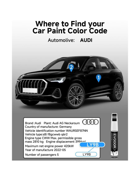 Pintura de Retoque EVOOOR 12.1ml Negro Brillante LY9B para Audi