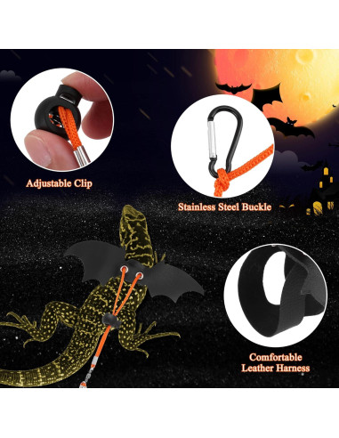 Arnés Ajustable para Lagarto Mogoko con Alas de Murciélago y Sombrero Naranja Halloween