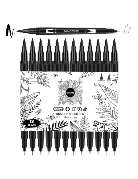 Marcadores de Dibujo Negros GPLMQ, Paquete de 12 Puntas Dobles