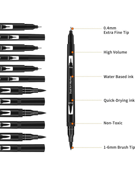 Marcadores de Dibujo Negros GPLMQ, Paquete de 12 Puntas Dobles