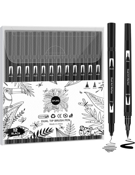 Marcadores de Dibujo Negros GPLMQ, Paquete de 12 Puntas Dobles