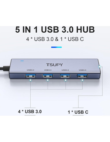 HUB USB 3.0 TSUPY 5 Puertos Aluminio 1.2m Ultra Delgado