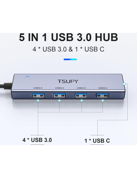 HUB USB 3.0 TSUPY 5 Puertos Aluminio 1.2m Ultra Delgado