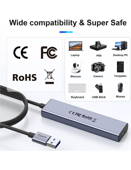HUB USB 3.0 TSUPY 5 Puertos Aluminio 1.2m Ultra Delgado