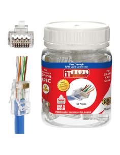 Conectores RJ45 Cat6a ITBEBE - 50 Piezas Baño de Oro 23 AWG