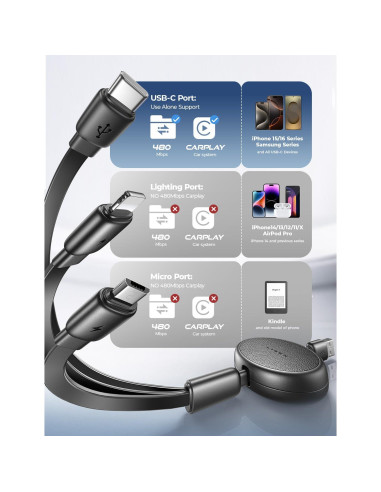 Cable de Carga Múltiple Retráctil LISEN 3 en 1 USB-C/iP/Micro