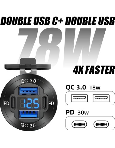 Cargador USB 12V HCGZHEN 4 Puertos con Voltímetro LED