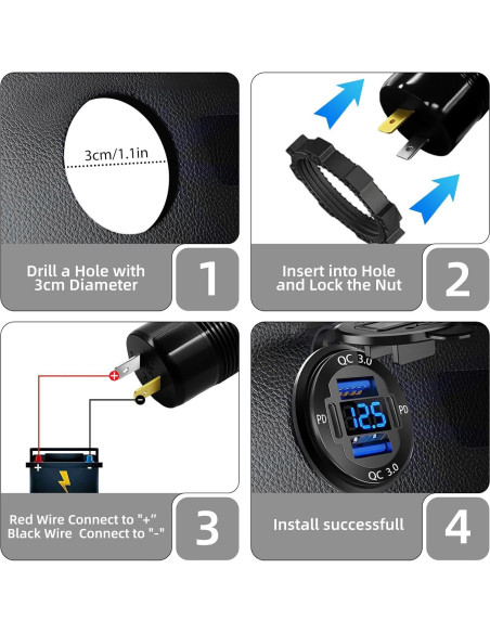 Cargador USB 12V HCGZHEN 4 Puertos con Voltímetro LED