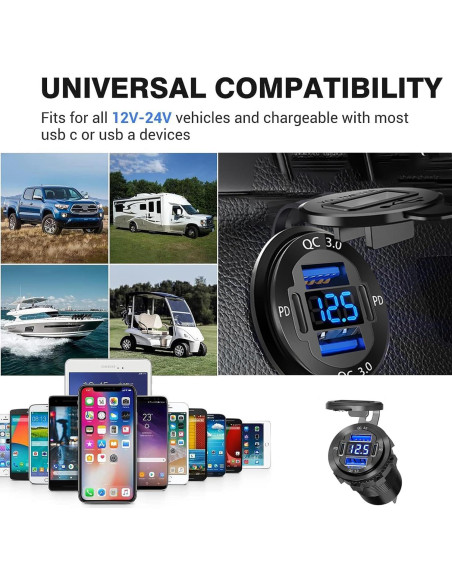 Cargador USB 12V HCGZHEN 4 Puertos con Voltímetro LED