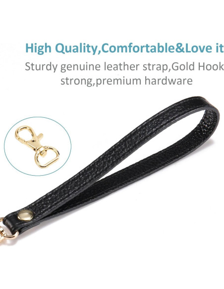 Correa de Muñeca de Cuero Genuino Negra para Cartera y Teléfono