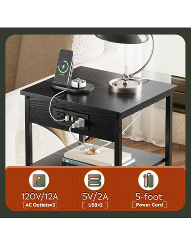 Mesa Lateral WLIVE Negra con Estación de Carga y 3 Estantes