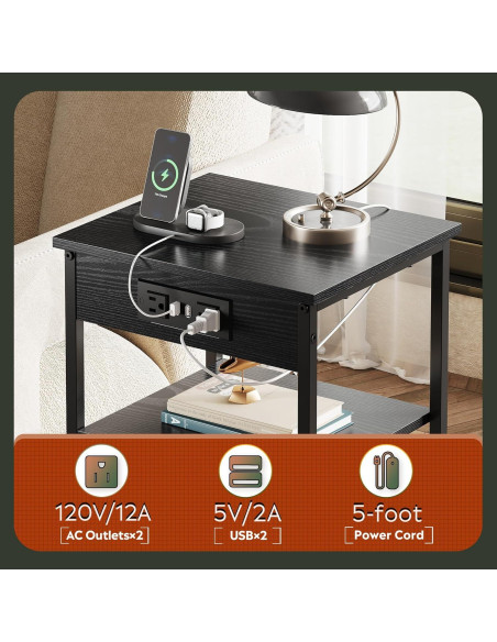 Mesa Lateral WLIVE Negra con Estación de Carga y 3 Estantes