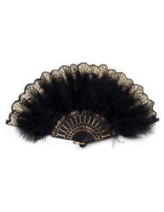 Abanico de Plumas Bordadas Happy Feather Vintage Negro 52x28cm
