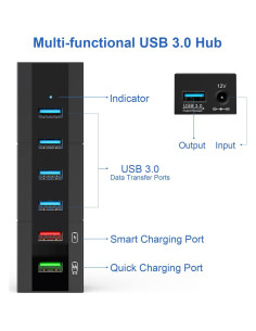 Hub USB 3.0 RAOYI 6 Puertos 24W Carga Rápida Negro 2