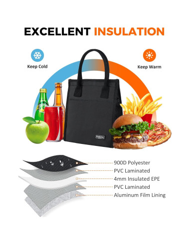 Bolsa Térmica Fmeida Negra 6.75L con Bolsillos para Almuerzo