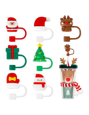 7 Tapas de Paja de Navidad Zasukol Silicona Reutilizables 10mm