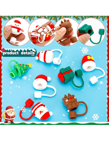 7 Tapas de Paja de Navidad Zasukol Silicona Reutilizables 10mm