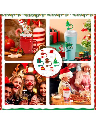 7 Tapas de Paja de Navidad Zasukol Silicona Reutilizables 10mm