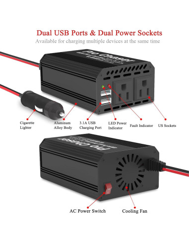 Inversor de Potencia Pro Chaser 400W 12V DC a 220V AC Negro