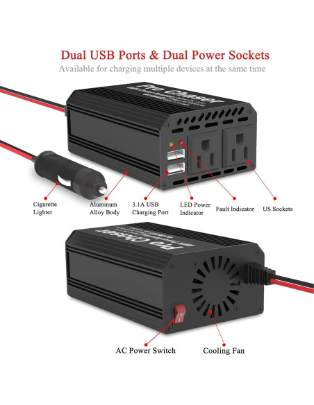 Inversor de Potencia Pro Chaser 400W 12V DC a 220V AC Negro