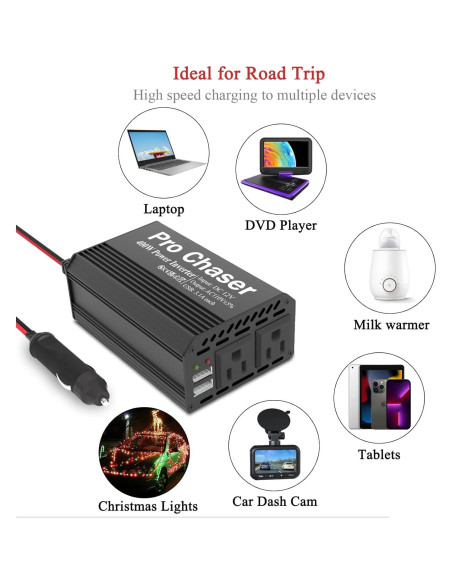 Inversor de Potencia Pro Chaser 400W 12V DC a 220V AC Negro