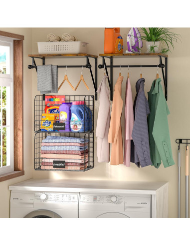 Estante de Lavandería Montado en Pared DAOUTIME Negro con Cestas