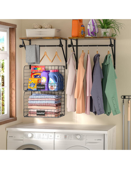 Estante de Lavandería Montado en Pared DAOUTIME Negro con Cestas