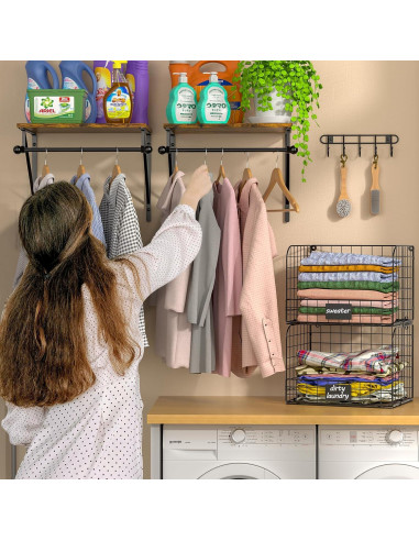 Estante de Lavandería Montado en Pared DAOUTIME Negro con Cestas