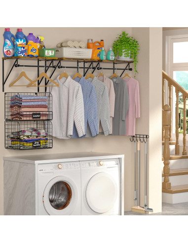Estante de Lavandería Montado en Pared DAOUTIME Negro con Cestas