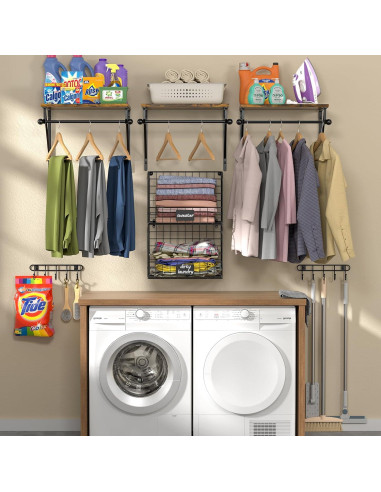 Estante de Lavandería Montado en Pared DAOUTIME Negro con Cestas