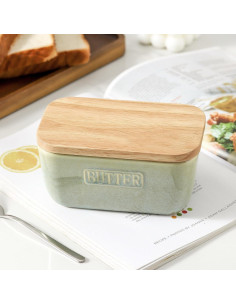 Plato de Mantequilla Cerámica HVH con Tapa de Madera Verde 2