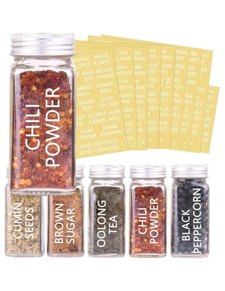 30 Tarros de Especias de Vidrio SWOMMOLY 113ml Cuadrados con Etiquetas
