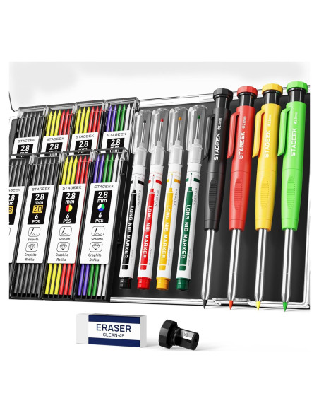 Juego de 4 Lápices de Carpintero STAGEEK con 52 Recargas 2.8mm Juego de 4 Lápices de Carpintero STAGEEK con 52 Recargas 2.8mm