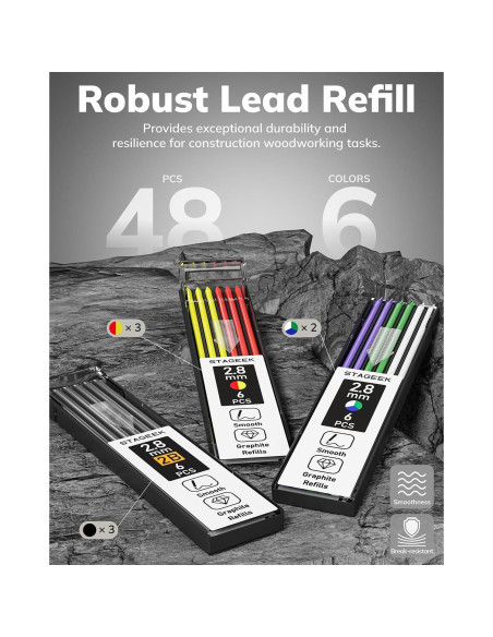 Juego de 4 Lápices de Carpintero STAGEEK con 52 Recargas 2.8mm Juego de 4 Lápices de Carpintero STAGEEK con 52 Recargas 2.8mm