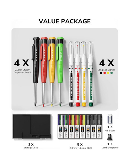 Juego de 4 Lápices de Carpintero STAGEEK con 52 Recargas 2.8mm Juego de 4 Lápices de Carpintero STAGEEK con 52 Recargas 2.8mm