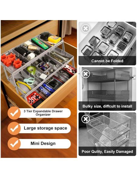 Organizador de Cajones Yeeyuue 3 Niveles Plegable Gris