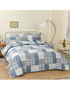 Colcha King Green Essen Cuadros Azul Gris Blanco Transpirable 2