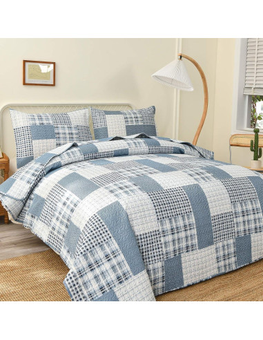 Colcha King Green Essen Cuadros Azul Gris Blanco Transpirable