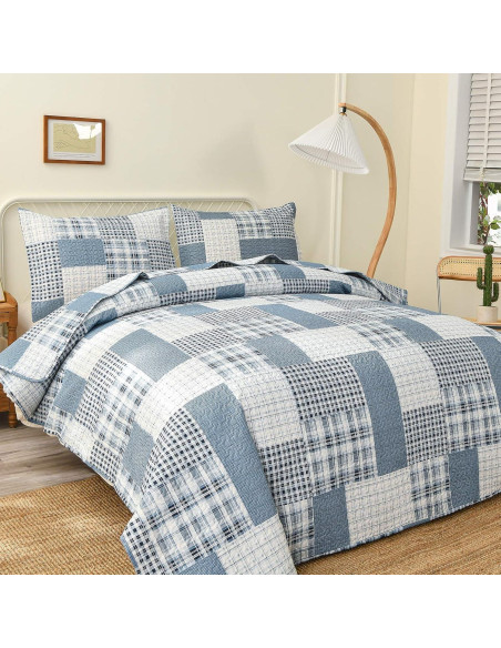 Colcha King Green Essen Cuadros Azul Gris Blanco Transpirable